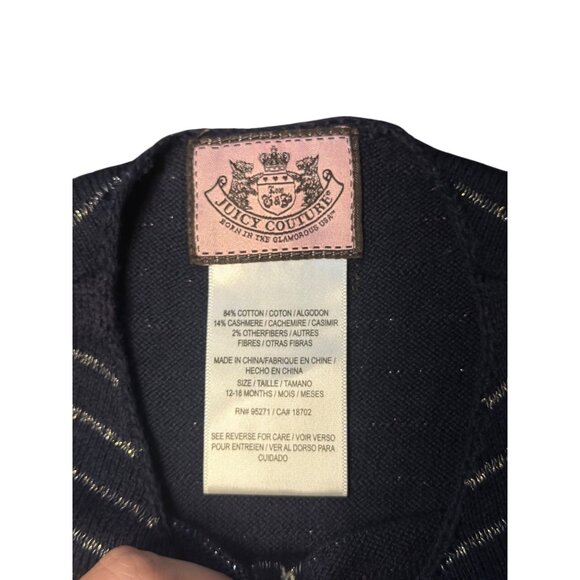 Juicy Couture Girls Sweater Dress 12–18M Navy Knit w/ Gold Lurex Stripes 11"x18" - Picture 4 of 6